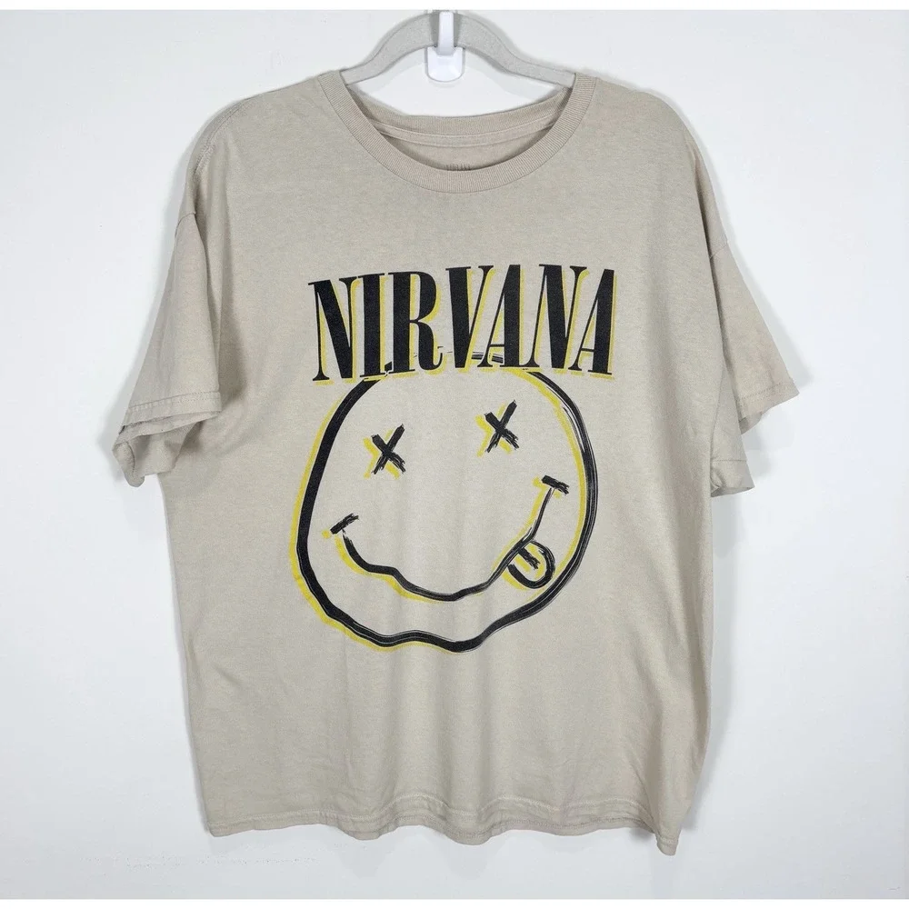 Nirvana T Shirt Men's XL Beige Smiley Graphic Washed